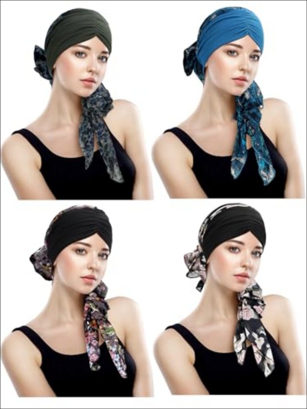 4 Pc Chemo Headwear Viscose Skull Cap with Chiffon Scarf Head Wraps for Women